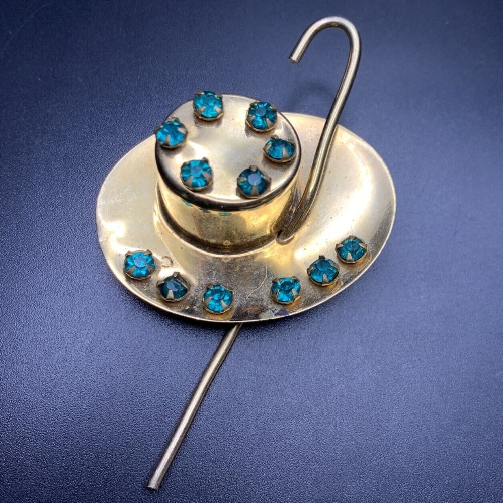 Top Hat Cane Brooch Pin Gold Tone Teal Rhinestone Large Big 1940s 1950s Vintage